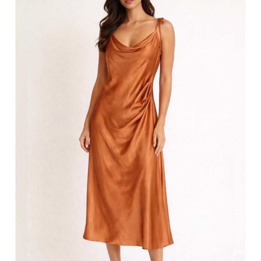 Chemise Satin Slip Dress Cowl Neck Midi XXL Copper